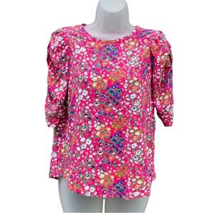 MAISON D'AMELIE  Women's Size M Pink Floral Ruched Puff‎ Sleeve Cotton Modal Top